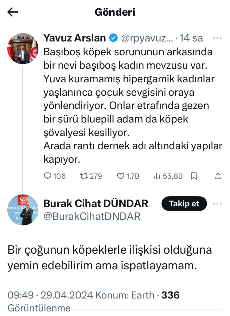 Yeniden Refah partisi Konya il Teşkilatı Tanıtım ve Medya Başkan Yardımcısı “bir çoğunun(kadınlar)köpeklerle ilişkisi olduğuna yemin edebilirim ama ispatlayamam. @rprefahpartisi