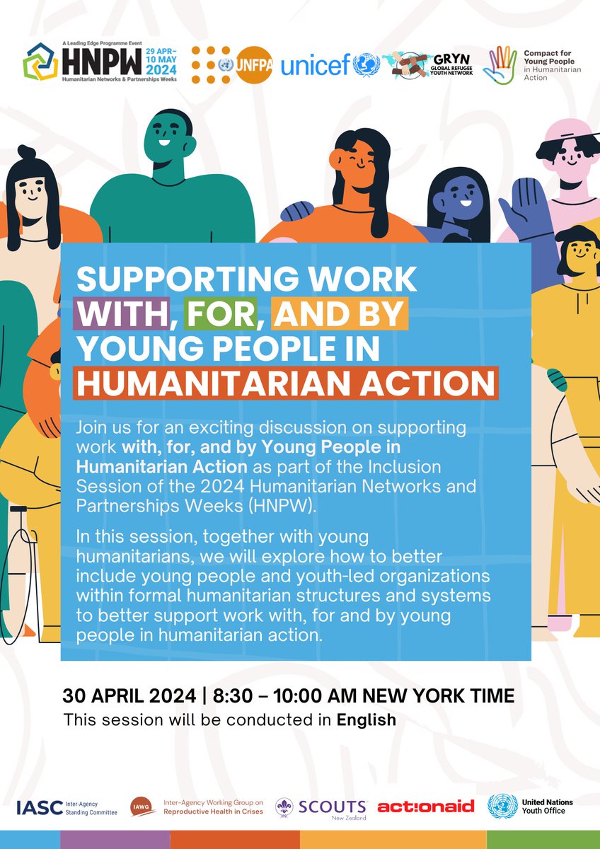 Join us as we discuss efforts to include young people in humanitarian action at the #HNPW2024 Session on “Supporting Work with, for, and by Young People in Humanitarian Action”
April 30, 2024 | 8:30 - 10:00 am NY Time

Learn about the session here: vosocc.unocha.org/Report.aspx?pa…