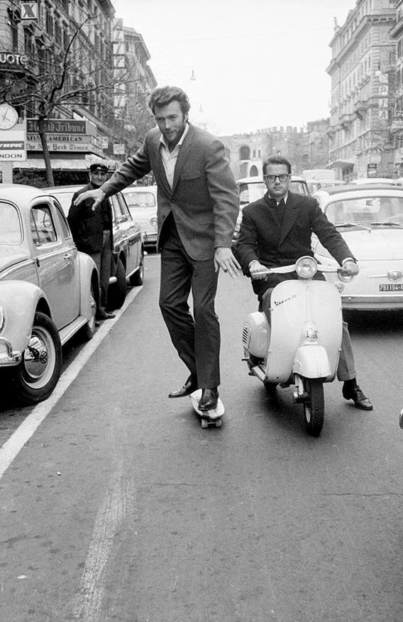 Clint Eastwood on a Skateboard in Rome in 1965.