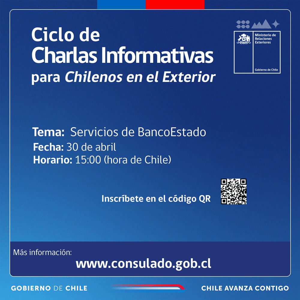 ¿Vives en el extranjero y tienes dudas sobre los servicios de BancoEstado? 📲Conéctate a la charla informativa de @dicoex 📅 martes 30 de abril ⏰15:00 hrs. (hora de 🇨🇱) Inscripciones aquí 👉bit.ly/3U5YDlS