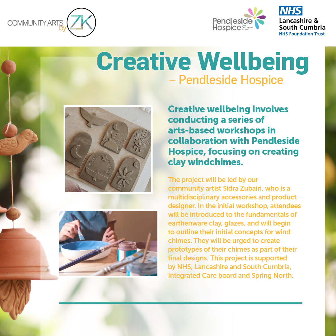 Our new series of workshops, entitled Creative Wellbeing are based at Pendleside Hospice and will focus on the creation of clay windchimes. @BPRCVS @fhwbconsortium @WeAreLSCFT @pendlesidehosp #pendlesidehospice #communityartsbyzk #art #creative #collaboration #communityarts