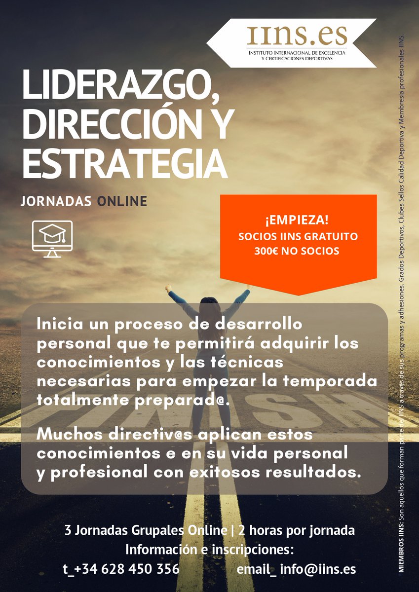 ¡Prepárate para liderar con excelencia en nuestra formación online de “#Liderazgo, #Dirección y #Estrategia”! ¡Inscríbete para mayo! Jornadas grupales y personalizadas. Tarifas especiales para la familia #IINS.

Contáctanos para más información🌟

#LiderazgoDeportivo #Formación