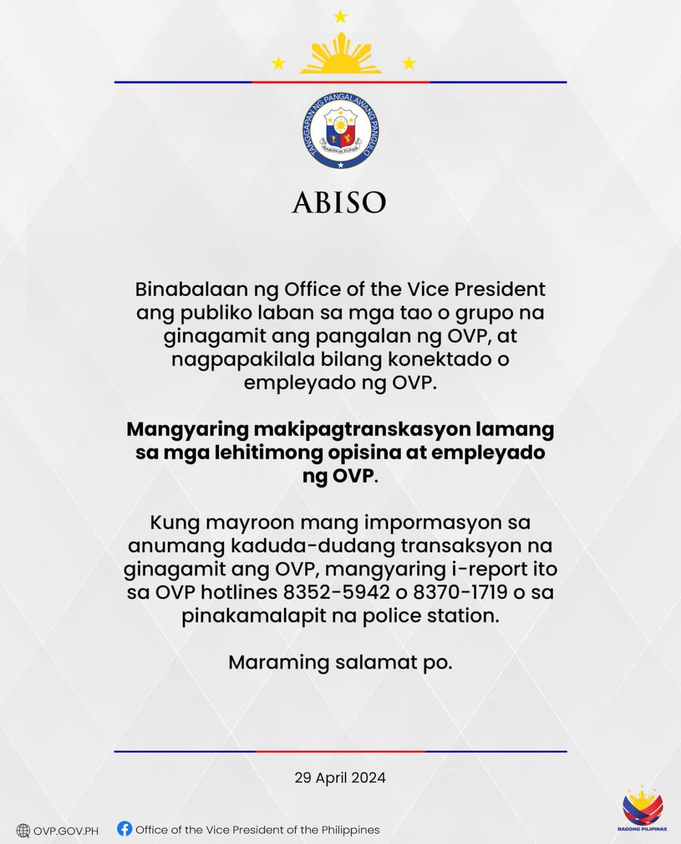 BASAHIN | Office of the Vice President, nagbabala sa publiko laban sa gumagamit ng pangalan ng OVP at nagpapakilala na konektado o empleyado ng OVP. 📷 OVP