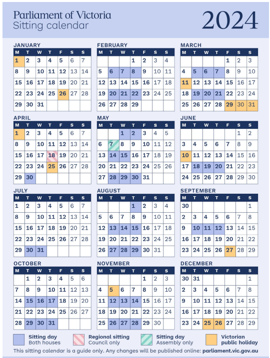 As one does on a quiet Monday night, one studies the #springst sitting calendar. Seems to be 5 rules that determine sitting weeks: * Tu/Wed/Th only * Alternate weeks * Never school hols * Never weeks there's a public holiday * Never coldest weeks (hence time for o/s study trips)