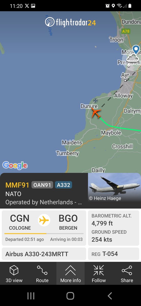 Incoming to #Prestwick NATO #OAN91 T-054 from Cologne to Bergen 🌧 fr24.com/MMF91/34fa7bf5