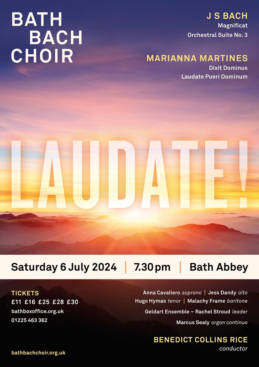 On 6 July we present music by 2 masters of the 18th century- JS Bach and Marianna Martines Joined in @bathabbey by @AnnaCavaliero @DandyJessica @HugoHymas Malachy Frame Geldart Ensemble Conducted by @B_CR_ Tickets: @bathboxoffice bathboxoffice.org.uk/whats-on/lauda…
