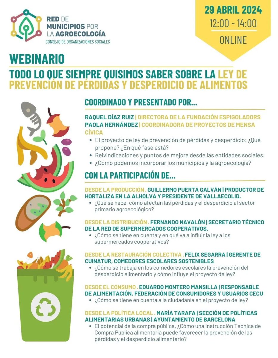 @espigoladors @mensacivica @AlimentaVLL @cecu @pembarcelona @redsupercoops @CUINATUR 🛜 Estamos en el webinar 'Todo lo que siempre quisimos saber sobre la Ley de Prevención de Pérdidas y #DesperdicioAlimentario'🧺🥗🚯

🎦us06web.zoom.us/j/84084156808 

+ℹ️: municipiosagroeco.red/desperdicioali…

Con
@espigoladors
@mensacivica
@AlimentaVLL
@cecu
@pembarcelona
@redsupercoops
@cuinatur