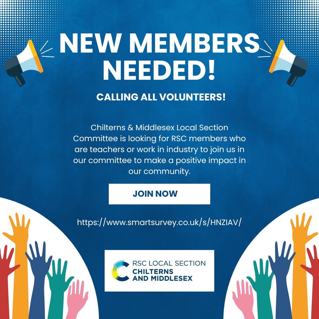 🌟 Calling all passionate educators and industry professionals! 📢 Join the Chilterns & Middlesex Local Section Committee and make a difference in our community. Contact us today to learn more about joining the committee. #VolunteerOpportunity #ChemistryCommunity 🧪👩‍🔬👨‍🔬