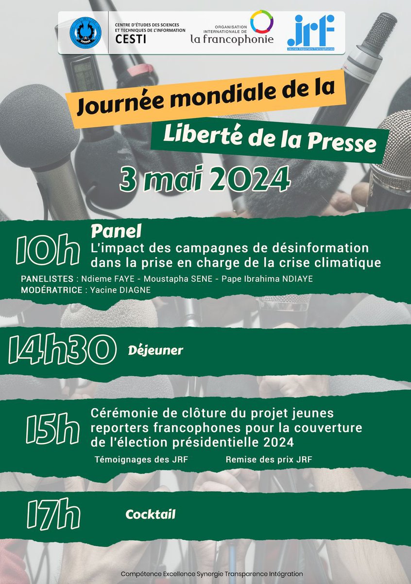 Dans le cadre de la journée mondiale de la liberté de la presse📰, le Cesti organise un panel sur l’impact des campagnes de désinformation dans la prise en charge de la crise climatique. Elle sera animée par les journalistes Ndiémé Faye, Moustapha Séne, et Pape Ibrahima Ndiaye.