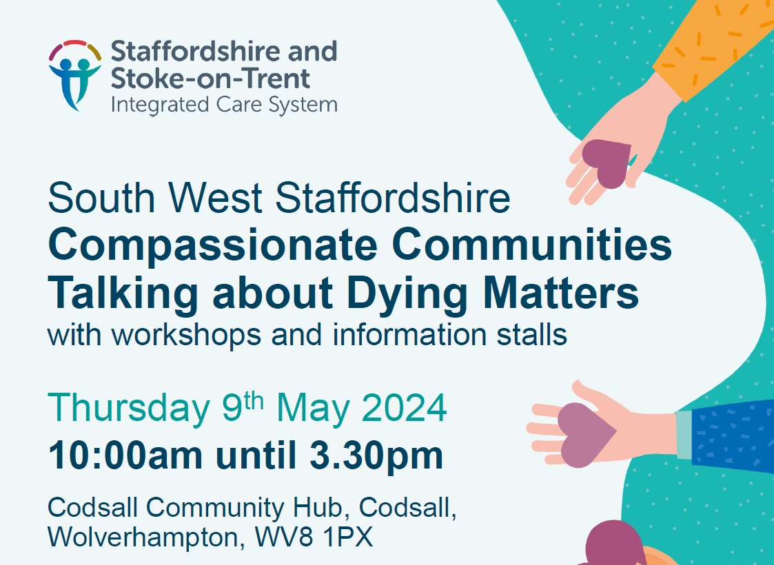 Come along to our event with @SupportStaffs on Thurs, May 9, which will provide important info on death, dying and future planning. email michelle.williams@supportstaffordshire.org.uk for more info @DyingMatters @Compton_Care @CompassionComUK @alzheimerssoc @achildofmine