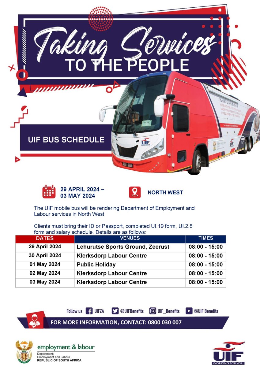 The #UIF buses are to render @deptoflabour services in the Gauteng and North West provinces from Monday, 29 April 2024 to Friday, 09 May 2024. The bus will render departmental services in KwaZulu-Natal on Monday and Tuesday, 29 - 30 April 2024

#UIF #WorkingForYou