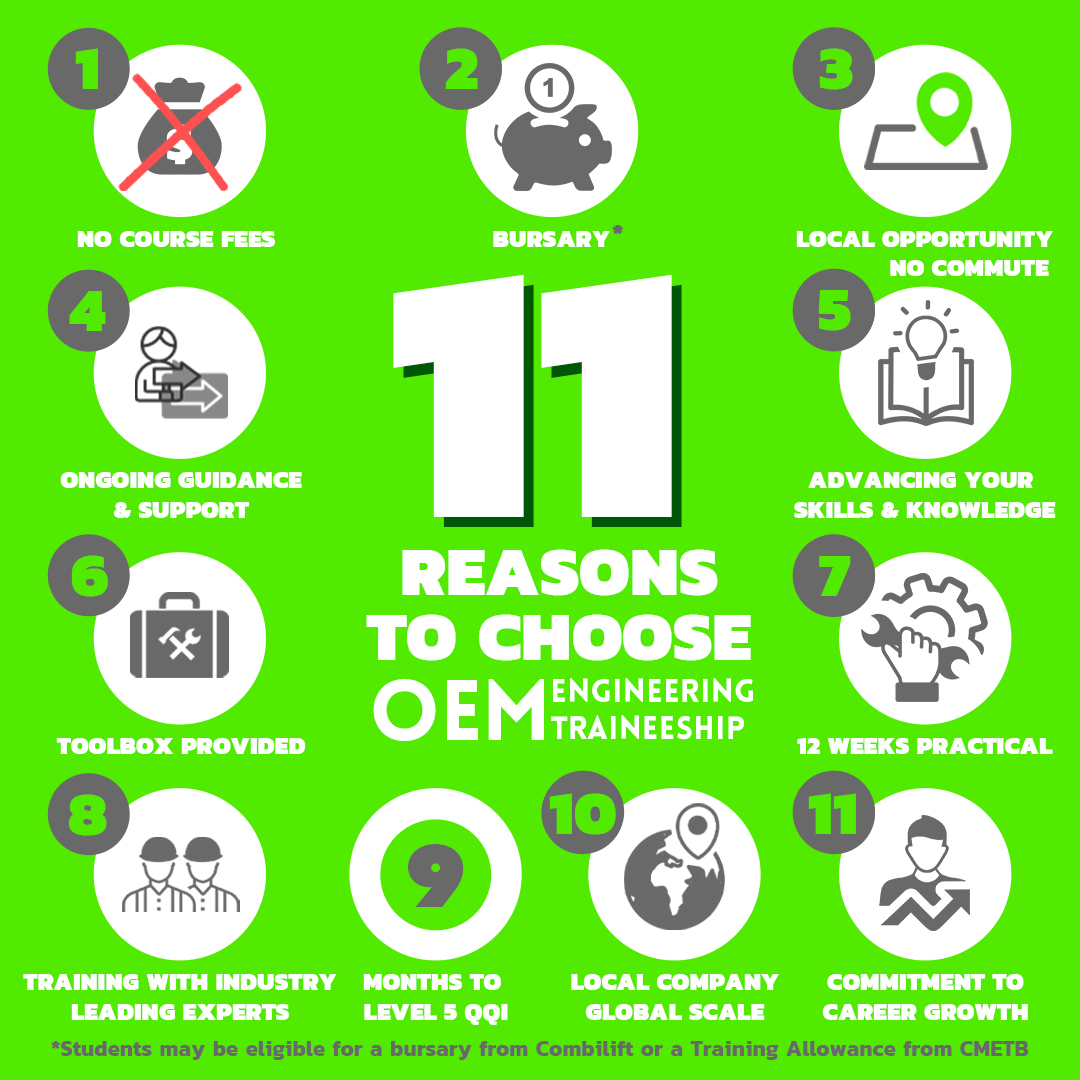 Need a reason to register for the OEM Engineering Traineeship? Here's 11!
Come to the OEM Engineering Traineeship Information Evening on 8th of May at Combilift HQ and find out all the details yourself! 📅

#Combilift #LiftingInnovation #OEMTraineeship #RegisterNow