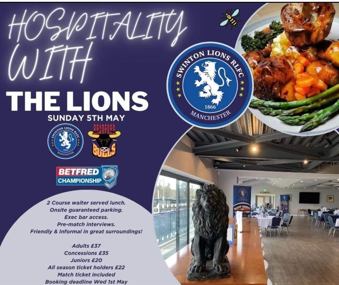 On the back of yesterday's great win, join us in style as we return to Heywood Road to face @OfficialBullsRL

Bookings available until Wednesday 1 May. 

To book, select the matchday corporate option for the game here: swintonlionsrlfc.co.uk/match-day/admi…
#COYL #OriginalLions