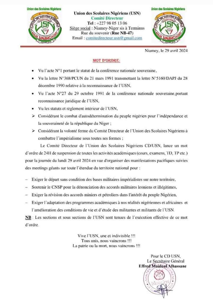 ✍️#Niger suspension de toutes les activités académiques pendant 24h par #USN sur toute l'étendue du territoire national pour une marche pacifique de soutien au #CNSP Voilà la relève du pays !!