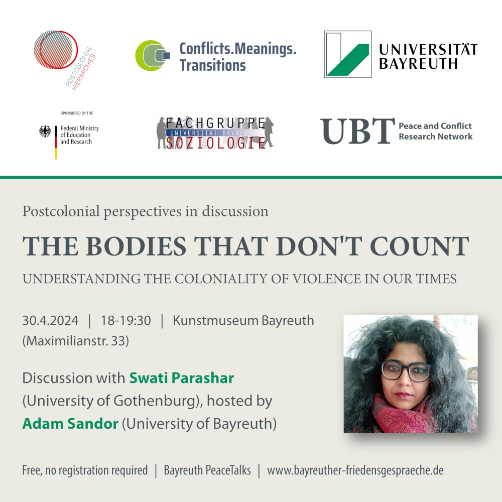 Tomorrow at #Bayreuth: Discussion on #postcolonial perspectives with Swati Parashar @swatipash, hosted by Adam Sandor @adam_sandor | Kunstmuseum Bayreuth, 30 April, 18:00-19:30 #BayreuthPeaceTalks