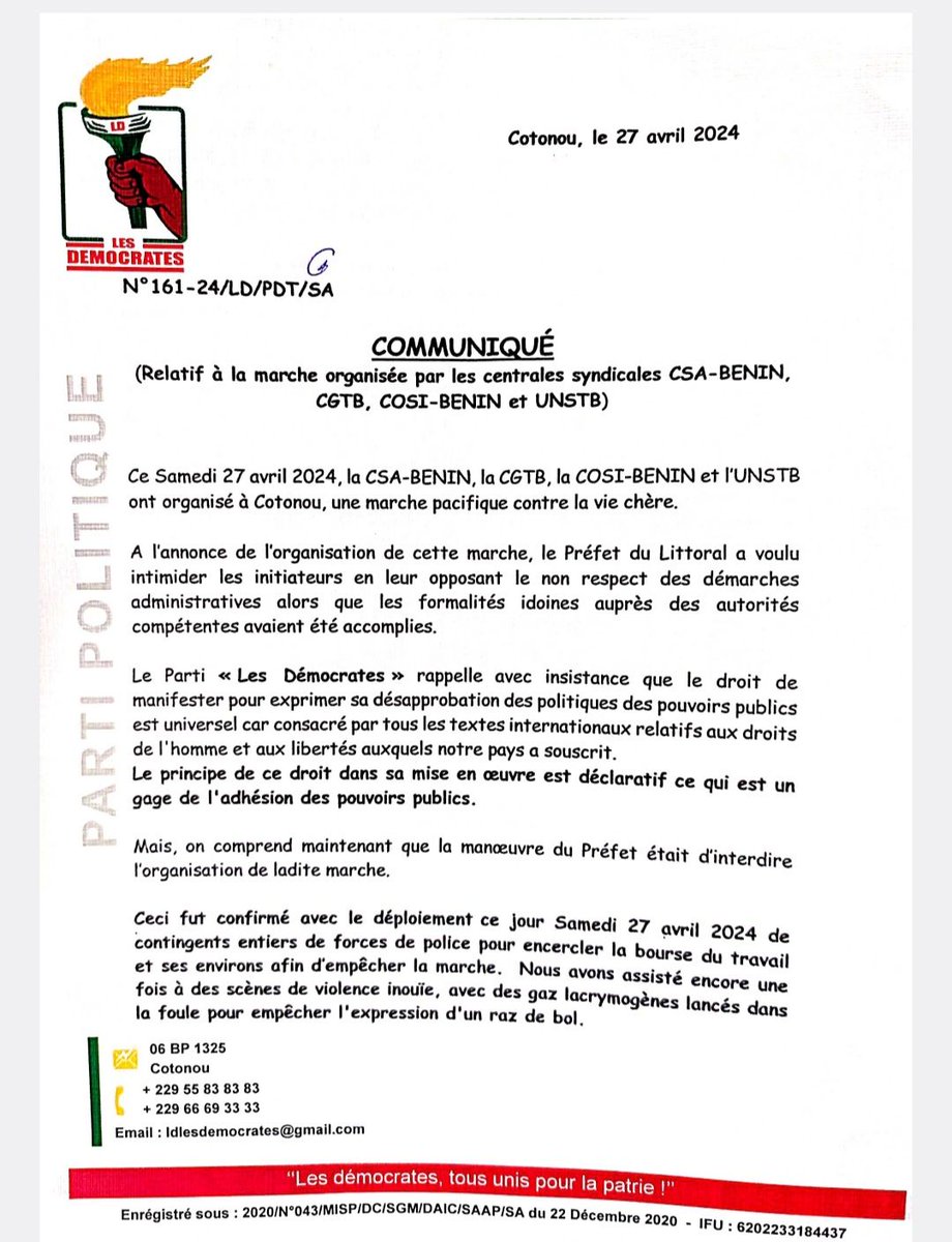 ⚠️🇧🇯 L’épineux débat relatif aux libertés individuelles et collectives, notamment celles des travailleurs, des opposants et activistes critiques, reste d’acuité au Bénin. La hausse des prix des produits de base accroît les écarts économiques et exacerbe les inégalités sociales…