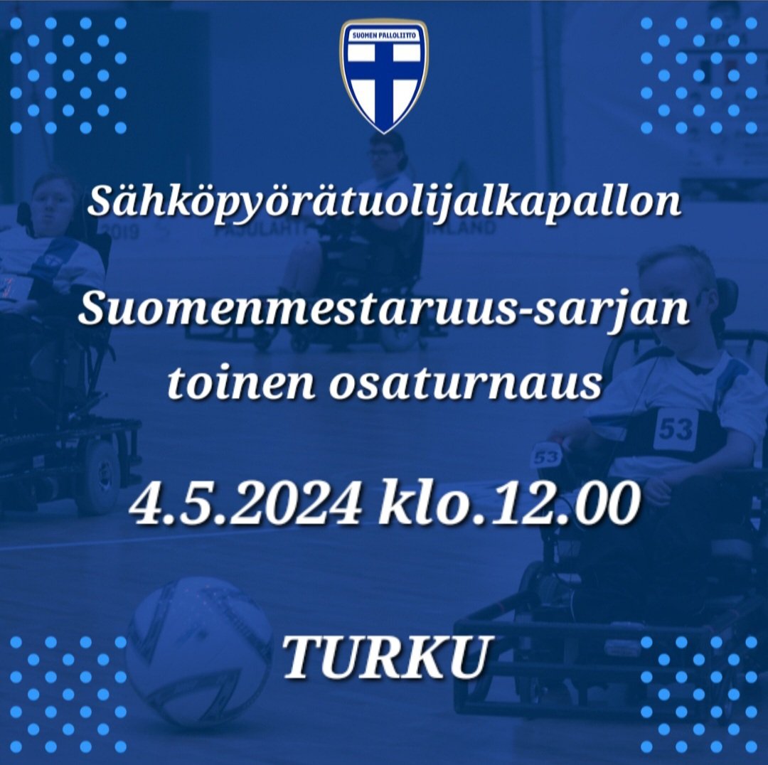 SM-sarja jatkuu ensi lauantaina Turussa! 4.5.2024 kohtaavat kolme mahtavaa sähköpyörätuolijoukkuetta toisensa. Lauantain otteluohjelma: 12.00 INTER - SJK 13.30 SJK - TPV 15.00 INTER - TPV Paikka: Peltolan liikuntasali | Hamppukatu 2, Turku Tervetuloa ! 🇫🇮 ⚽️ #SPTjalkapallo