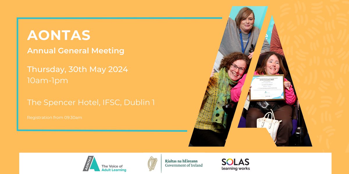 📣 AONTAS Members! Join us for our 54th Annual General Meeting. This hybrid event will include a presentation of the 2024 AONTAS Annual Report & an exciting keynote speaker! 🗓️ 30th May 2024 🕣 10am-1pm 📍 The Spencer Hotel, Dublin Register now: bit.ly/4d5AEuw