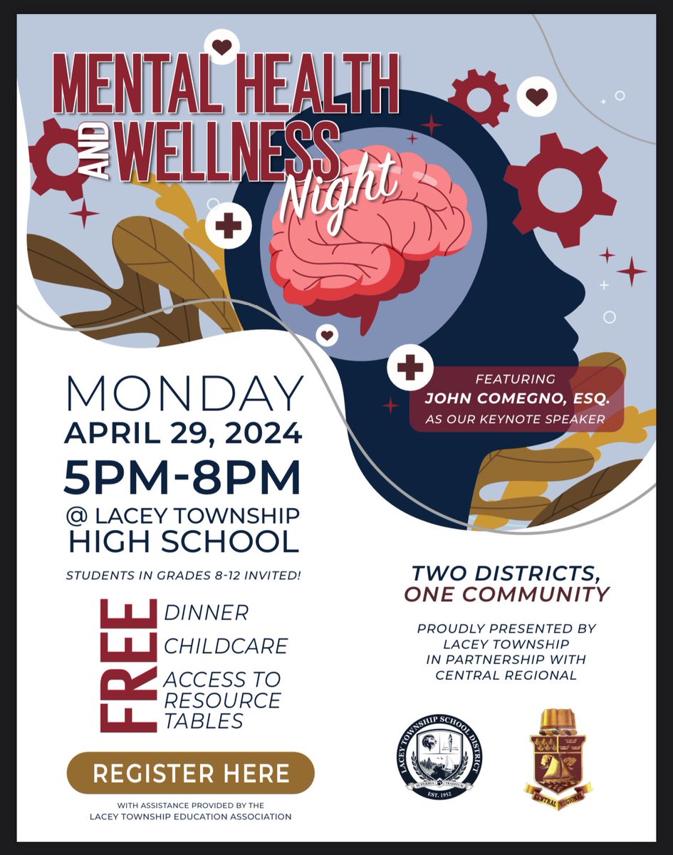 Today is the day! Join us for our Mental Health & Wellness Night, hosted by Lacey & Central. All are welcomed to attend. There will be free dinner, free childcare, and free education for students (gr. 8-12) and ALL adults. Register here: docs.google.com/forms/d/e/1FAI…