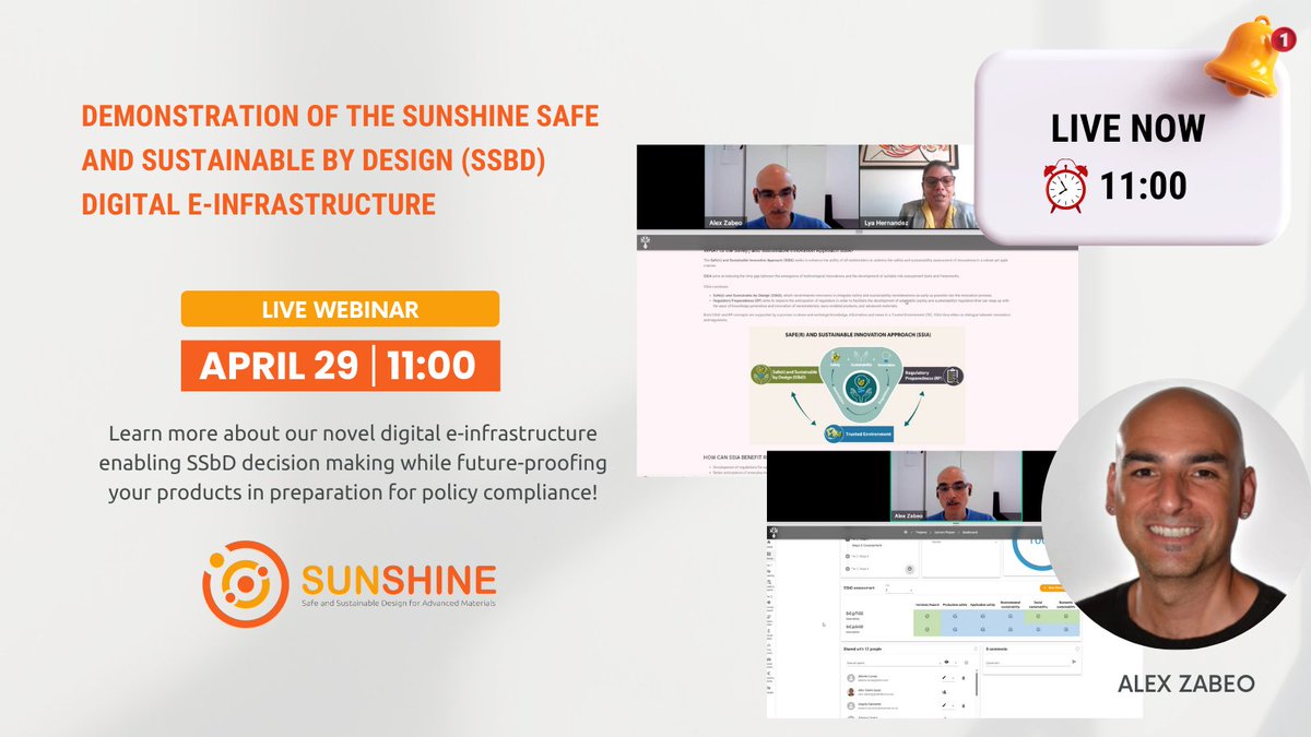 🚀 Want to sneak a peek at our cutting-edge Safe and #Sustainable by Design (#SSbD) e-infrastructure? Thank you, @AlexZabeo @LyaHernandez @JamesBaker for the informative presentation on the key elements of SUNSHINE tool! Register now to get a recording loom.ly/SvgvZUgo