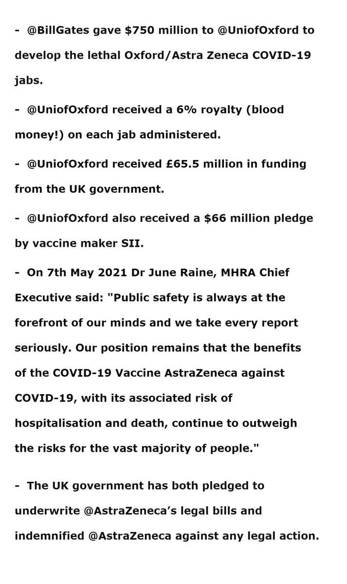 MyProfileIsHere's tweet photo. @CraigKellyPHON @AstraZeneca + a lot more people & organisations need to be in the dock over this! The compromised & colluding @MHRAgovuk failed in their duty as regulators of medicines. @UniofOxford #Vallance #Whitty #Hancock #Zahawi #Bethell #VanTam #Johnson #Javid #Patel All #culpable https://t.co/nKg4HrsO4G