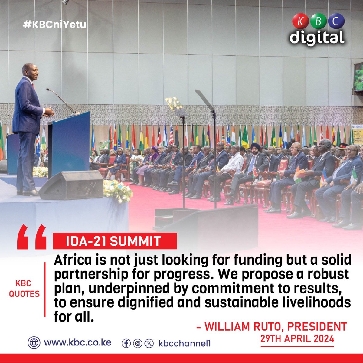 'Africa is not just looking for funding but a solid partnership for progress. We propose a robust plan, underpinned by commitment to results, to ensure dignified and sustainable livelihoods for all.' -William Ruto, President #idaworks #ida21nairobi #kenya