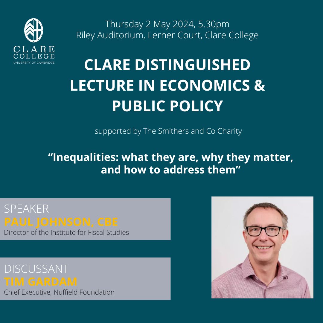 Final call to book your seat for our Distinguished Lecture in Economics & Public Policy. Thursday 2nd May, 5.30pm Students, alumni, staff & Fellows can register for free here: bit.ly/3JKwb2B