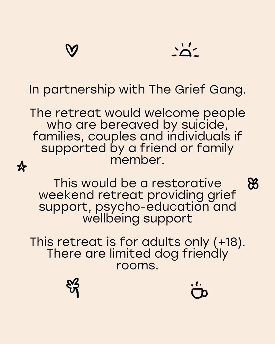 We're exploring hosting a grief retreat with The Grief Gang at The Falcon Hotel in October. As this is something we've never done before we wanted to understand the interest from our community first! Please head to our webpage for information to enquire: suicideandco.org/grief-retreat