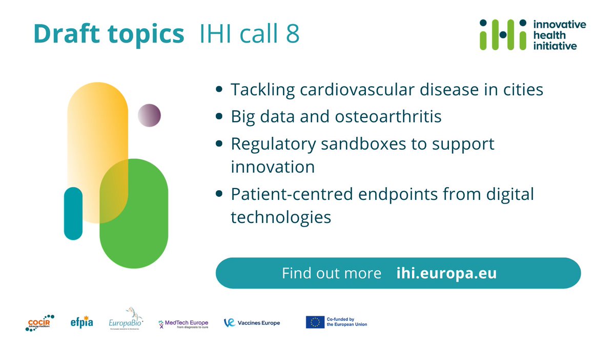 📢 Just published! Draft topics for IHI call 8 at europa.eu/!8d3rF8 🧡 Tackling #HeartDisease in cities 🏥 #BigData and #osteoarthritis 💬 Regulatory sandboxes to support innovation 📱 #Patient-centred endpoints from #DigitalTechnologies #IHITransformingHealth #HorizonEU