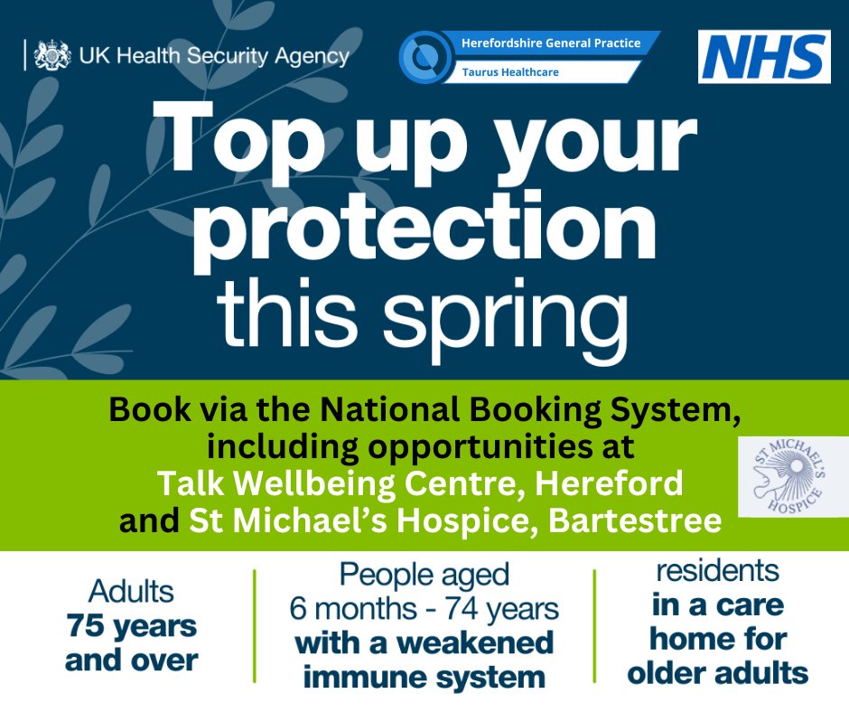 If eligible, you can book to have your covid spring booster vaccination at one of our Herefordshire clinics. Please see our website for dates and times: herefordshiregeneralpractice.co.uk/vaccination-cl… @WyeValleyNHS @NHS_HW @HfdsCouncil