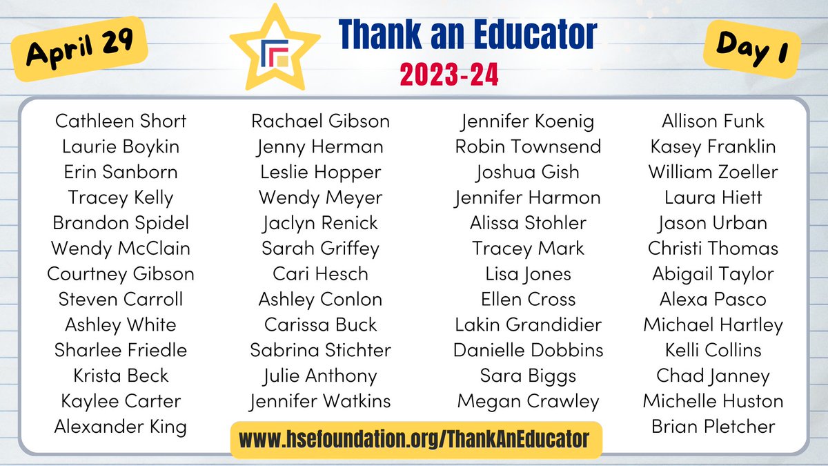 Congratulations to these @hseschools educators for being put on the 2023-24 HSEF Educator Honor Roll! Nominations will be posted all week, so keep watching! You can add an educator who made a difference! The nomination deadline is Friday at noon: hsefoundation.org/thankaneducator