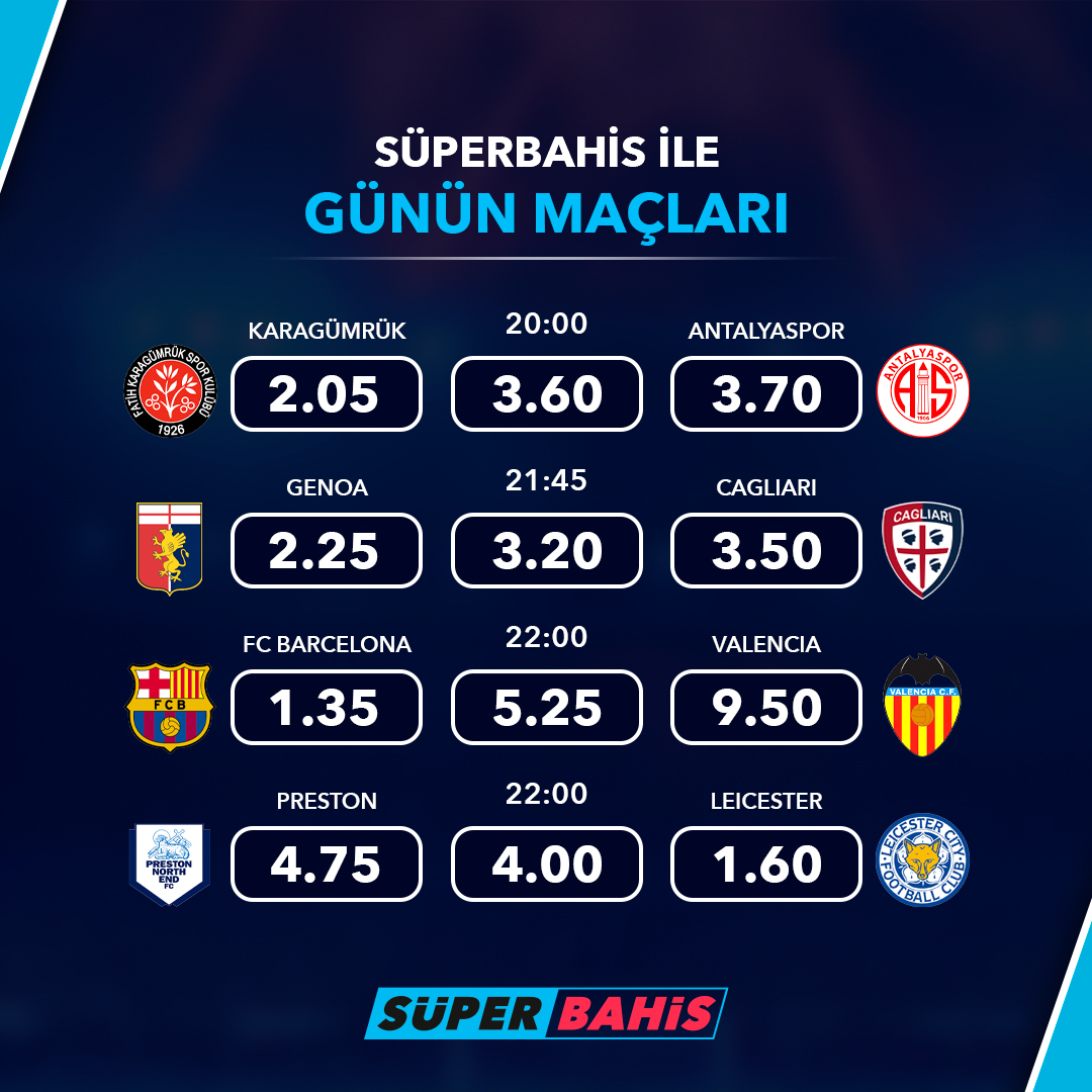 🔹 SüperBahis’te günün maçları! Karagümrük ⚔️ Antalyaspor Genoa ⚔️ Cagliari Barcelona ⚔️ Valencia Preston ⚔️ Leicester 📲 Güncel giriş için —> ow.ly/Ijef50RqvXF