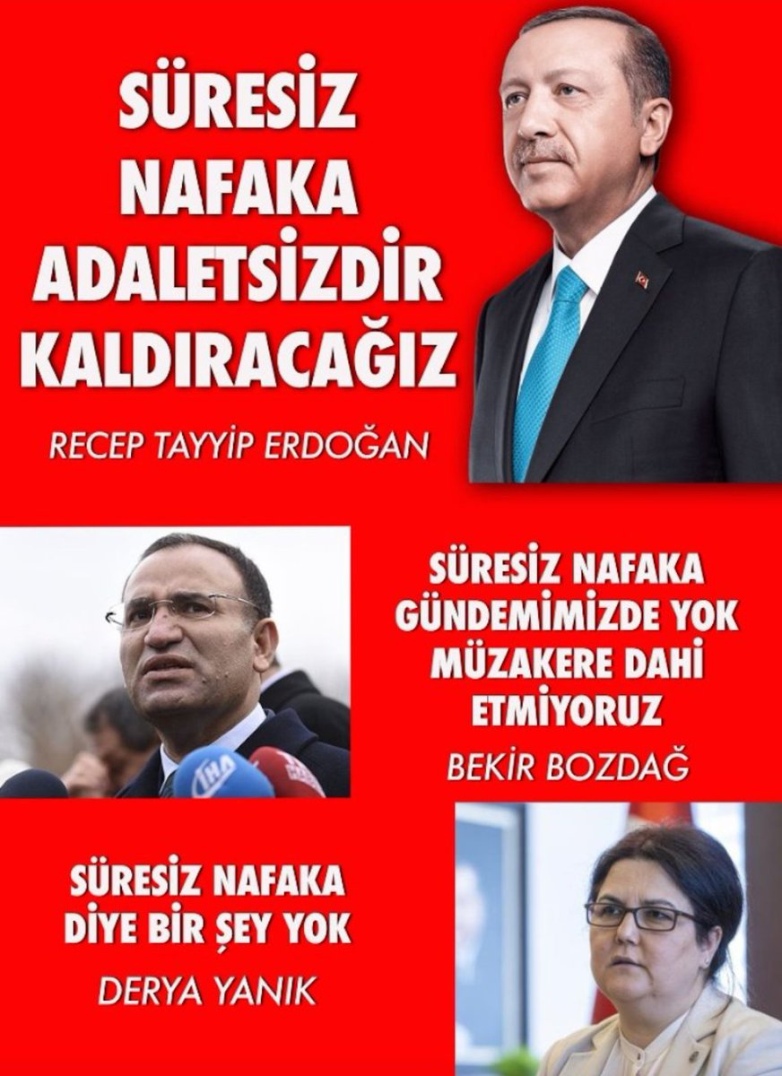 @RTErdogan  ' Süresiz Nafaka adaletsizdir, 
Kaldıracağız

📌 Bozdağ 
'Bu bir sorun.Süresiz Nafaka yok diyen ya hiçbir şey bilmiyor ya da başka birşey'

📌 #DeryaYanık
' #SüresizNafaka diye birşey yok ' dedikten sonra

📌Bozdağ ' Nafaka gündemimizde yok.Müzakere dahi etmiyoruz'