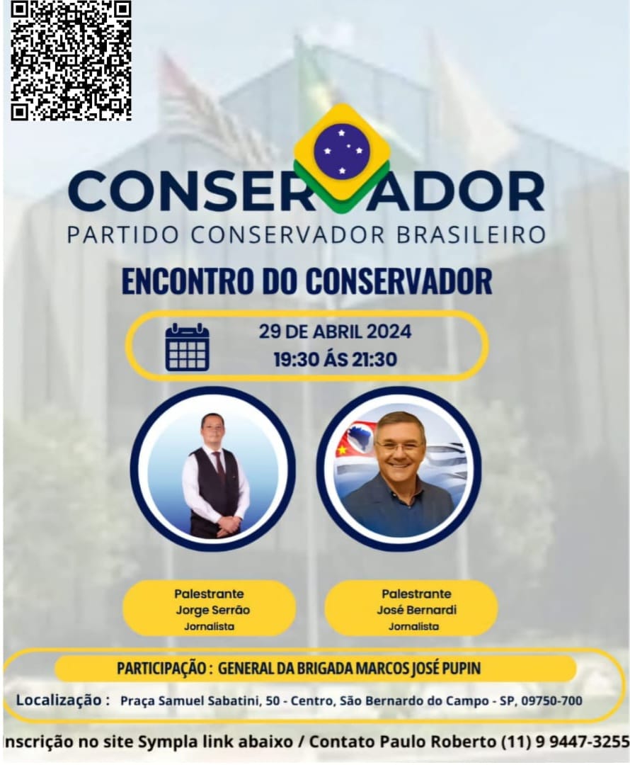 Você é convidado a participar deste evento que vai debater o impacto da criação de um Partido Conservador no Brasil, nesta segunda-feira, em São Bernardo do Campo (SP). Inscreva-se e compareça... sympla.com.br/encontro-conse…