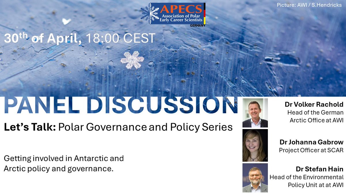 📢Event Alert: Let's Talk #PolarPolicy and Governance - Panel Discussion

30th of April, 6pm CEST

How does one become a scientist delegate?  What kinds of skills are useful for #ECRs looking to get involved? Is there funding?