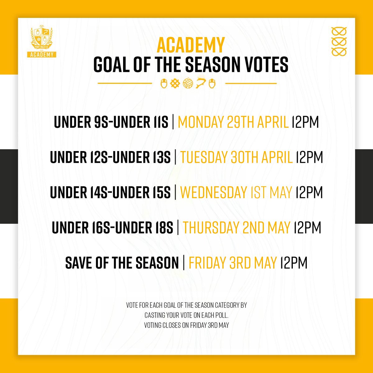 ⚽️ | Academy Goal of the Season 

This week, you will have the chance to have your say on the #PVFCAcademyGOTS which we've split into 5️⃣ different categories.

Here's a breakdown of when to expect the nominations so you don't miss your chance to vote👇

#PVFCAcademy | #PVFC