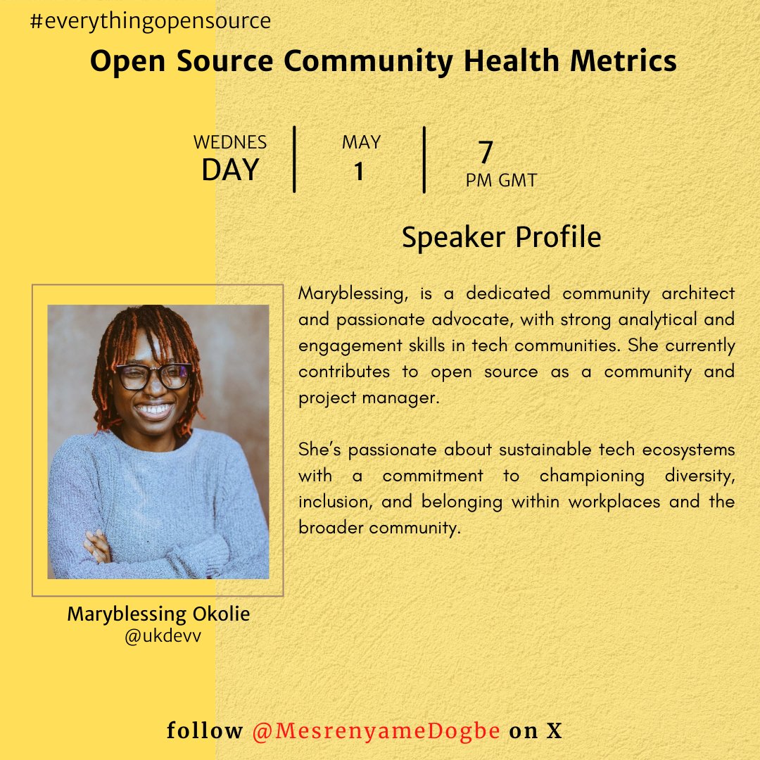 How can you improve your Open Source community health? Join us this Wednesday here: x.com/i/spaces/1pljq… Mary Blessing(@ukdevv), a community architect, will help us discover how @CHAOSSproj's open-source software can help your community flourish. #everythingopensource