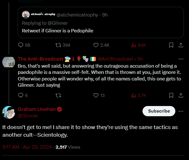 This is a chefs-kiss self-own, Glinner stating that smearing people as pedophiles is a sign of a cult. NOBODY, NO....BODY..... does this more than Glinner and the Gender-critical cult. Can we have an official adjudicator please this is just beyond farce.