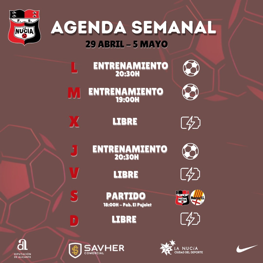 📅𝐀𝐆𝐄𝐍𝐃𝐀 𝐒𝐄𝐌𝐀𝐍𝐀𝐋 ⚔️El equipo vuelve esta tarde a los entrenamientos para preparar el importante partido del sábado. ¡Hay un liderato en juego! 🆚 @ClubManresaFS 📆 Sáb. 4 de mayo ⏰18:00H 📍Pab. El Pujolet #vamosnucía❤️🖤