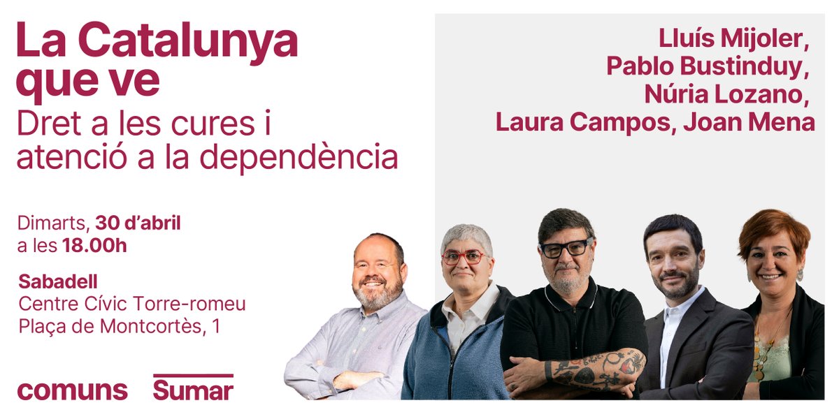 💜 La Catalunya feminista que ve posarà les cures i la dependència al centre de la vida ✊ Us esperem demà a #Sabadell amb @Mijoler, @pbustinduy, @NuriaLozanoMont, @Laura_CamposF i @joanmena 📅 Dimarts, 30 d'abril ⏰ 18.00h 📍 Centre Cívic Torre-romeu