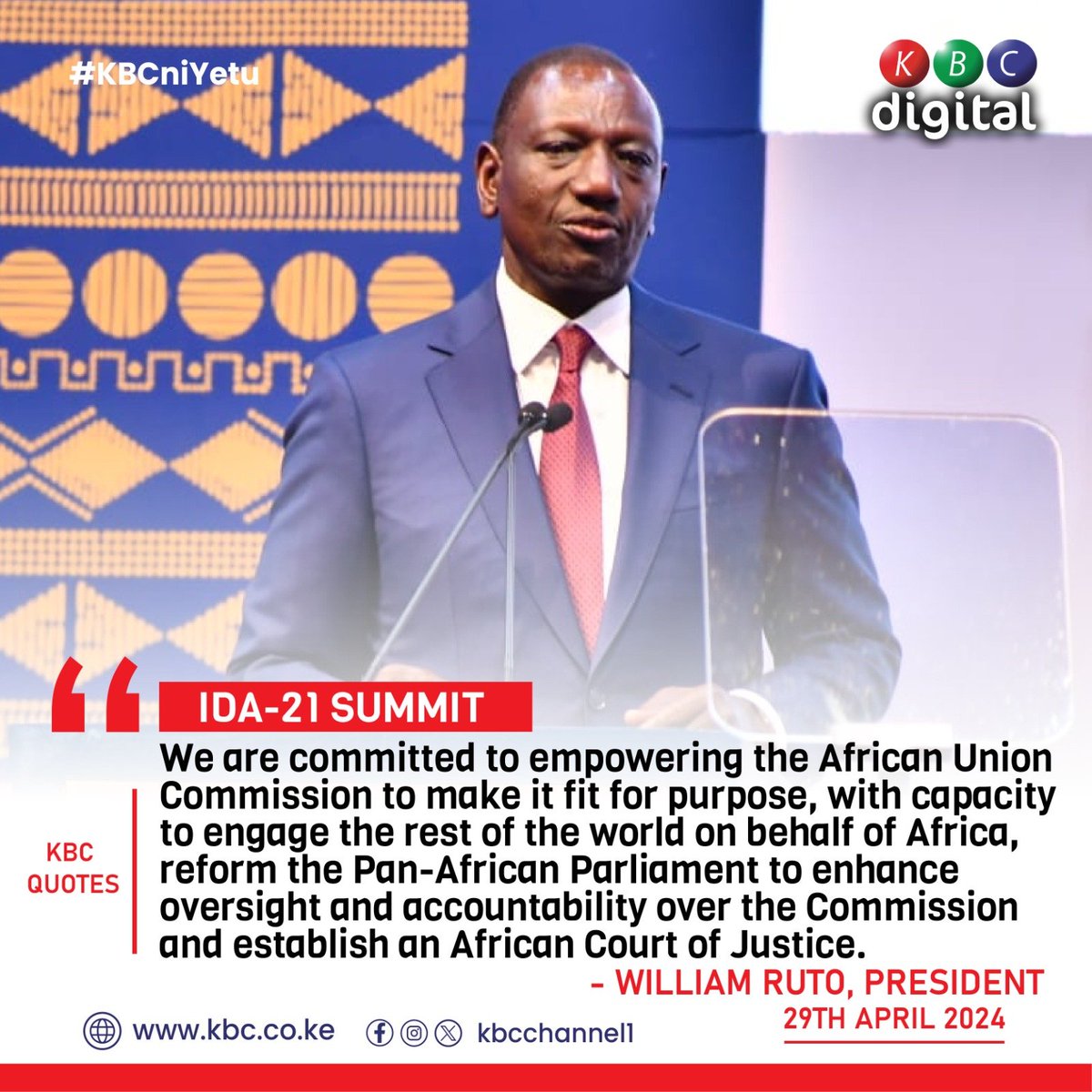 'We call on our partners to respond effectively by increasing their IDA contribution from the US$93 billion raised in 2021 to at least US$120 billion in 2024.' -William Ruto, President #idaworks #ida21nairobi #kenya
