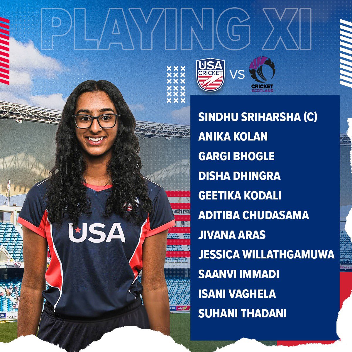 Our Playing XI for the second T20I of the @ICC #T20WorldCup Women’s Qualifier against @cricketscotland! 🙌

#TeamUSA won the toss and elected to field first. 

All matches are streamed on 📲: Icc.tv

#WeAreUSACricket 🇺🇸