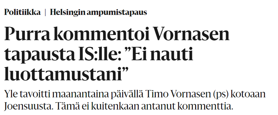 Nyt jää enää nähtäväksi, tajuaako Vornanen itse hakea eroa eduskunnasta. Aika pitkään on pyöritelty näinkin ilmeistä asiaa. Jos kyseessä olisi ollut muu kuin äärioikeistolaisen puolueen poliisiedustaja, aikataulu olisi varmasti ollut ripeämpi. hs.fi/politiikka/art…