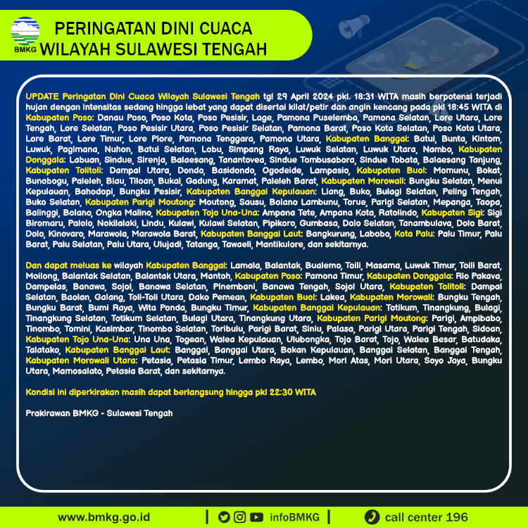 infoBMKG's tweet image. Update Peringatan Dini Cuaca Wilayah - Sulawesi Tengah Tgl. 29 April 2024 pkl. 18:45 WITA
Prakirawan - BMKG - Sulawesi Tengah
nowcasting.bmkg.go.id/nowcast?kodwil…