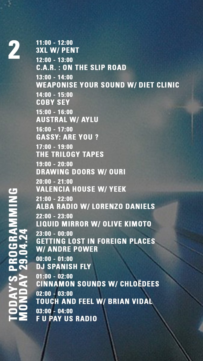 NTS Radio (@ntslive) on Twitter photo Today on yr NTS... 🧵
<a href="/erolalkan/">erol alkan</a> <a href="/agcook404/">A. G. Cook</a> <a href="/Djbabatr/">Djbabatr</a> <a href="/aayyluu/">Ḁylu(・⊝・)</a> <a href="/RussellMaurice/">Gasius</a> <a href="/TheTrilogyTapes/">The Trilogy Tapes</a> <a href="/andrepower/">Andre Power</a> Today on yr NTS... 🧵
<a href="/erolalkan/">erol alkan</a> <a href="/agcook404/">A. G. Cook</a> <a href="/Djbabatr/">Djbabatr</a> <a href="/aayyluu/">Ḁylu(・⊝・)</a> <a href="/RussellMaurice/">Gasius</a> <a href="/TheTrilogyTapes/">The Trilogy Tapes</a> <a href="/andrepower/">Andre Power</a>