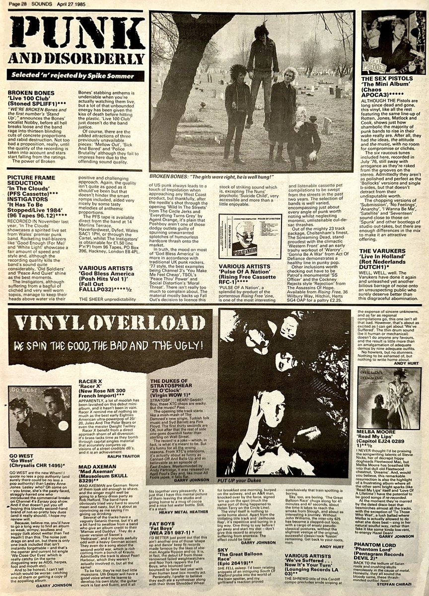 ZoundsAbound's tweet photo. Spike Sommer rounds up the Punk albums including ‘The Mini Album’, early recordings by @sexpistols 

In Vinyl Overload, reviews of the rest of this week’s LPs, fans of #GoWest, #FatBoys, #DukesofStratosphere &amp; #PhantomLord, should look away now! 

Sounds Apr 27th 1985 https://t.co/CAKYnvnJjK