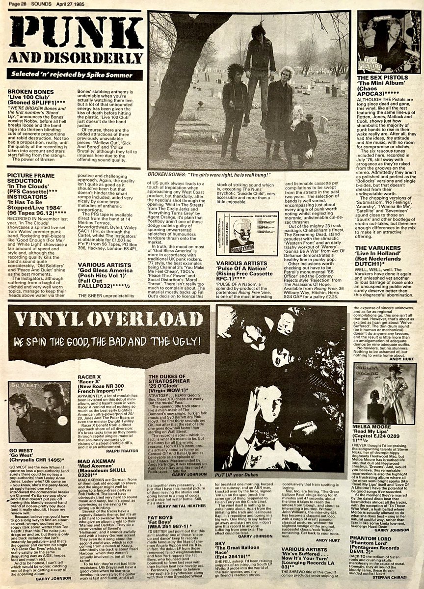 Spike Sommer rounds up the Punk albums including ‘The Mini Album’, early recordings by @sexpistols 

In Vinyl Overload, reviews of the rest of this week’s LPs, fans of #GoWest, #FatBoys, #DukesofStratosphere & #PhantomLord, should look away now! 

Sounds Apr 27th 1985