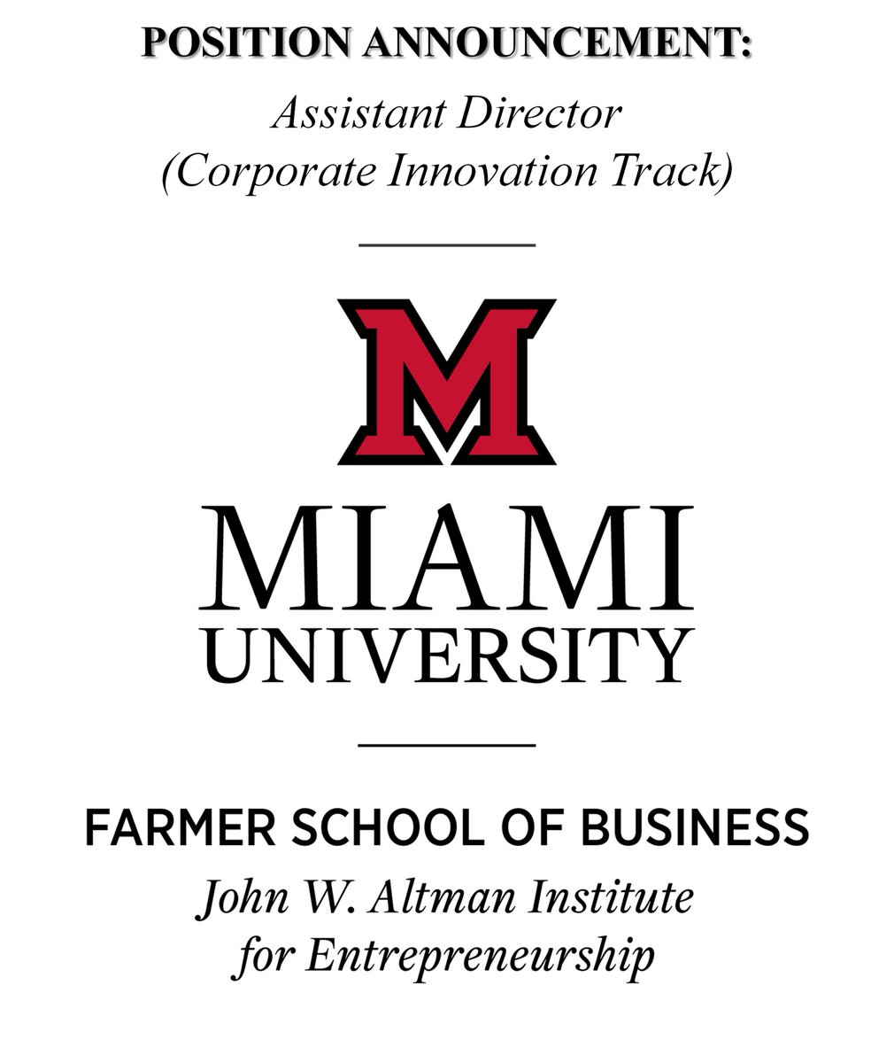WE'RE HIRING! <a href="/MiamiU_ENT/">John W. Altman Institute for Entrepreneurship</a> in <a href="/FarmerSchoolMU/">Miami University Farmer School of Business</a> at @MiamiUniversity invites applications for a full-time Assistant Director for the Corporate Track. Submit application here: ow.ly/K0Ku50RqyOb. #LoveandHonor #BeyondReady <a href="/StartupCincy/">StartupCincy</a> <a href="/MidwestStartups/">Midwest Startups</a> <a href="/MiamiOHNews/">MiamiOH News</a> <a href="/MiamiAlum/">MUAA</a>