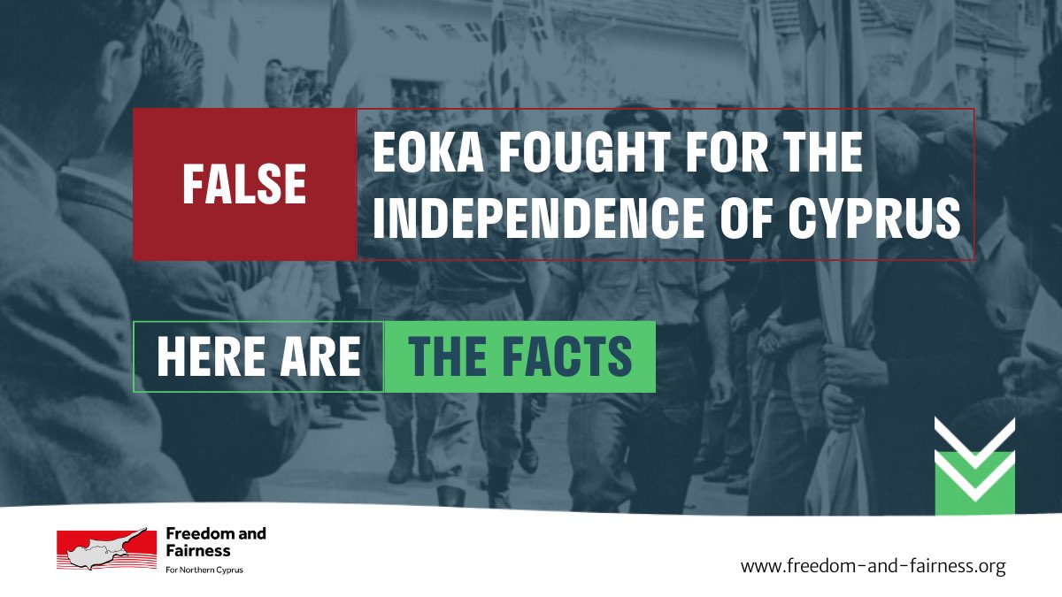 A common misconception spread by the Greek Cypriot Administration is that EOKA were national heroes who fought for the independence of Cyprus.

This is a lie.

EOKA was a terrorist organisation that killed innocent civilians in its pursuit of Enosis - union with Greece.