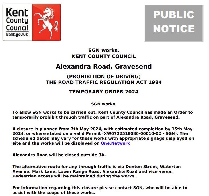 Gravesend, Alexandra Road. Road closed from 7th May for 9 days for @SGNgas works: moorl.uk/?pjd7vb